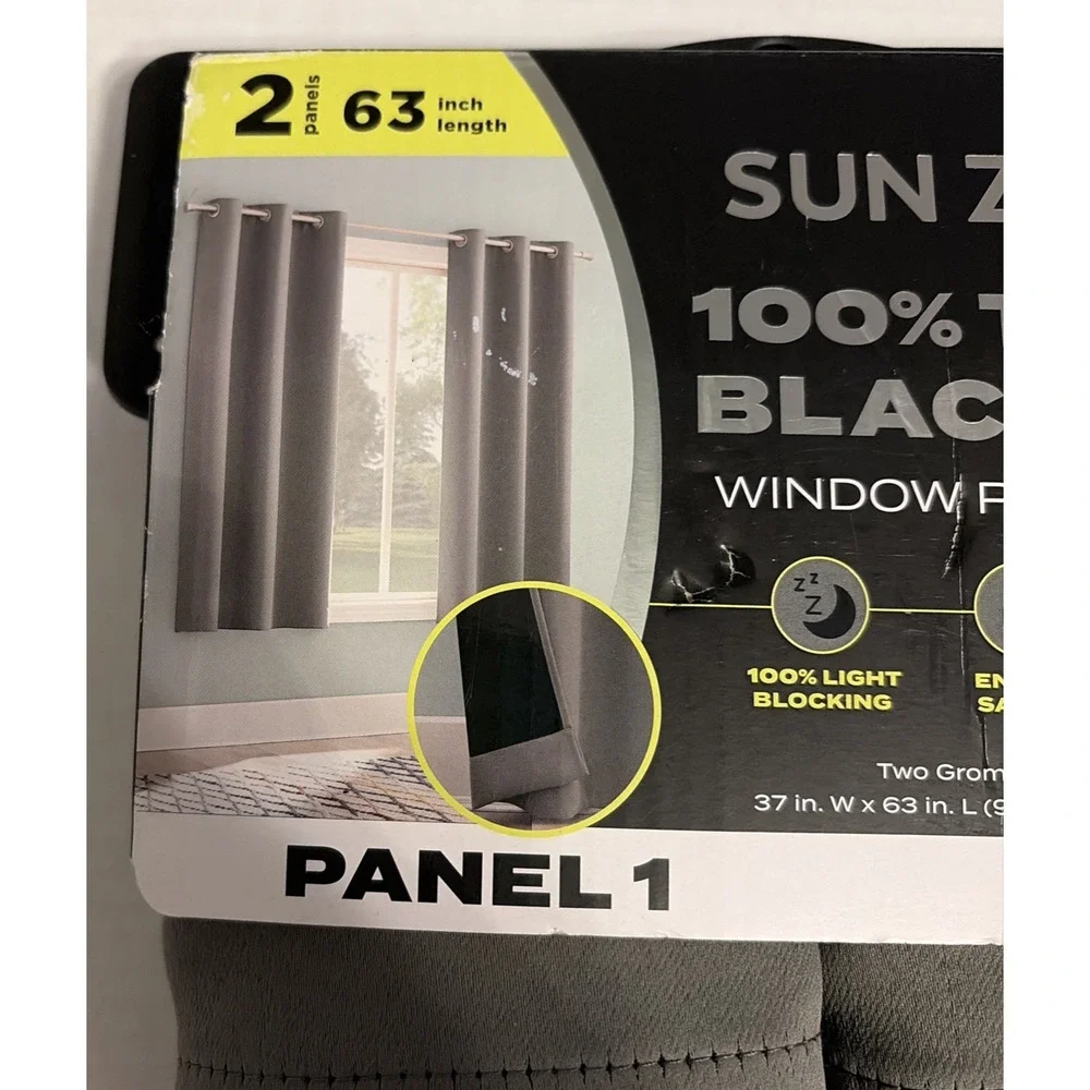Sun Zero Gray Blackout Window Curtains 2 Panels with Grommets 37 x 63 Each NEW